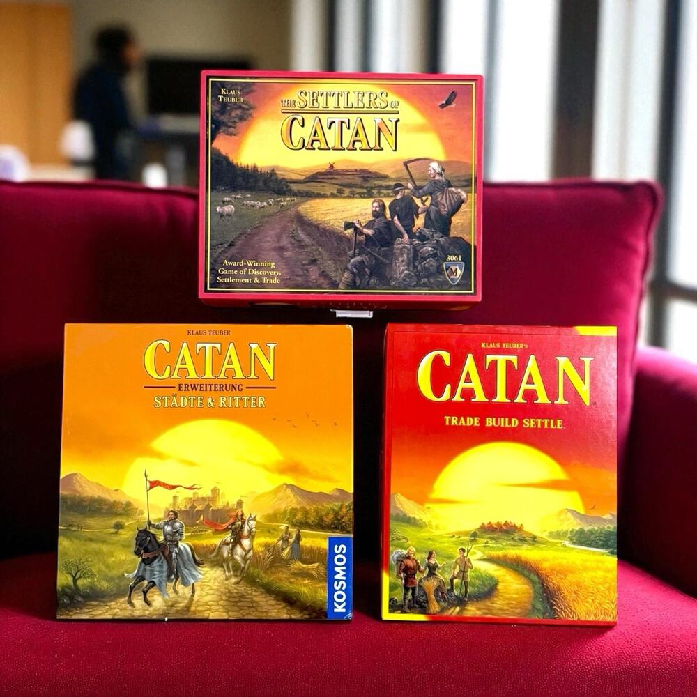 3 CATAN Board Games Settler, Trade Build Settle & Cities and Knights COMPLETE
